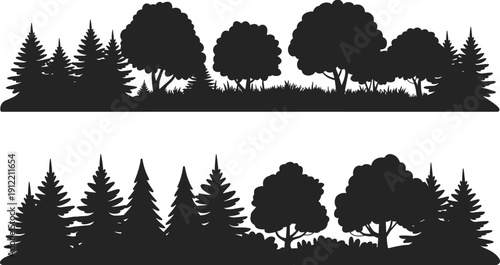 Large collection of black deer silhouettes featuring stags with majestic antlers and sleek does in various standing, walking, and grazing poses isolated on white background for wildlife design.