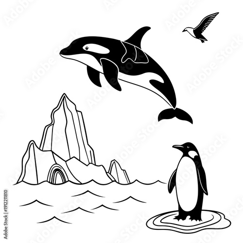 Orca and penguin in antarctic waters Vector