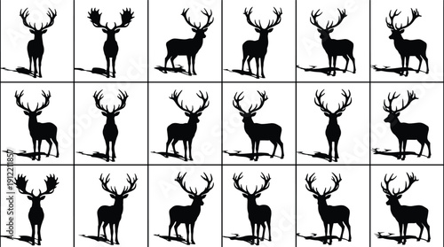 Large collection of deer and moose silhouettes with antlers and shadows featuring majestic forest animals buck stag and elk icons for wildlife nature vector design