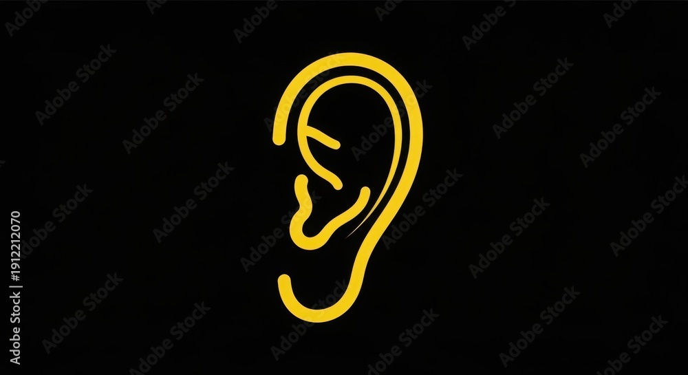 Obraz premium Minimalist Yellow Human Ear Line Art Icon Isolated on Black Background
