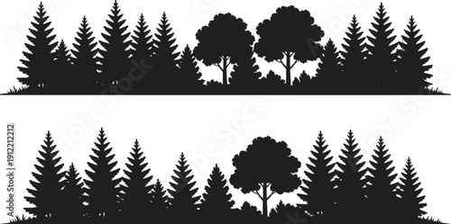 Panoramic set of black forest tree line silhouettes featuring pine, spruce, and deciduous trees on a grassy horizon isolated on white background for landscape design.