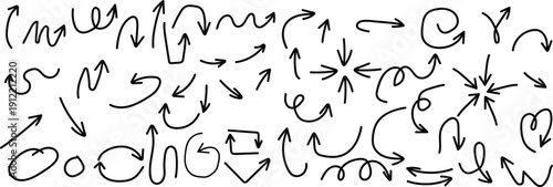 Charcoal hand drawn Paintbrush Tool arrows. Doodle curved chalk darts. Vector illustration of hand painted crayon check lines.