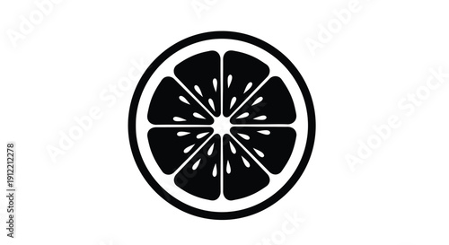A black and white graphic illustration of a sliced citrus fruit likely an orange