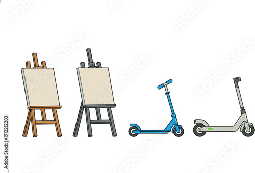 Wooden and Metal Easel with Electric Kick Scooter Vector Illustration Set Isolated on White Background