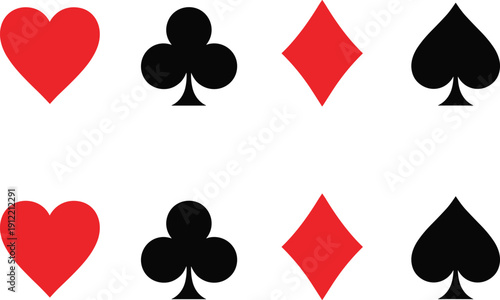 Playing card suit icons set with heart, club, diamond and spade symbols in red and black flat vector style isolated background