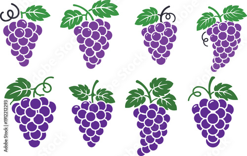  collection of elegant black and white  vector icons for fruits, vineyards, trees, and organic farming concepts featuring various grape bunches, leaves, and wine.