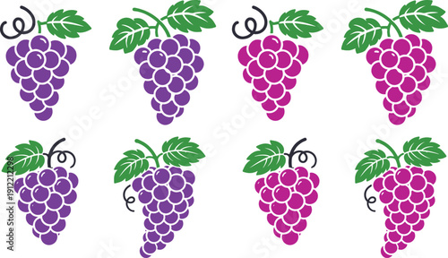 collection of elegant black and white  vector icons for fruits, vineyards, trees, and organic farming concepts featuring various grape bunches, leaves, and wine.