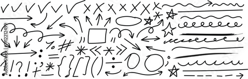 Hand drawn doodle design Set, charcoal or pencil drawn punctuation marks.