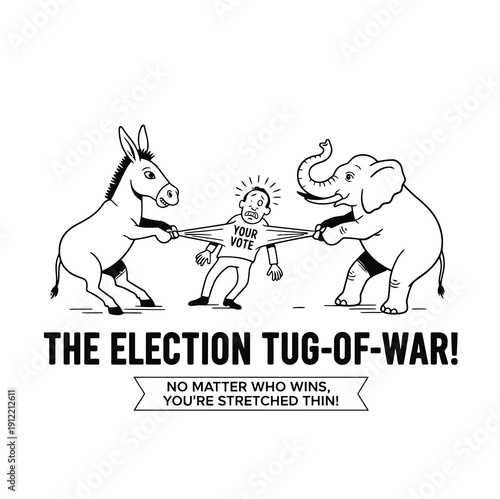 Democratic Donkey and Republican Elephant Pulling Rope in Fierce Election Battle – No Matter Who Wins, the Nation Gets Stretched Thin Illustration