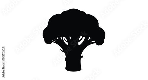 A stark silhouette of a broccoli floret against a white background