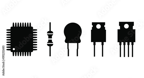 Variety of electronic components displayed in a black and white graphic