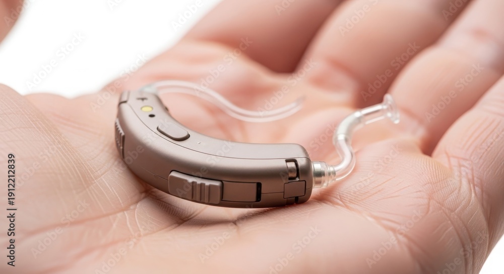 Fototapeta premium Modern digital behind the ear hearing aid resting in the palm of a hand