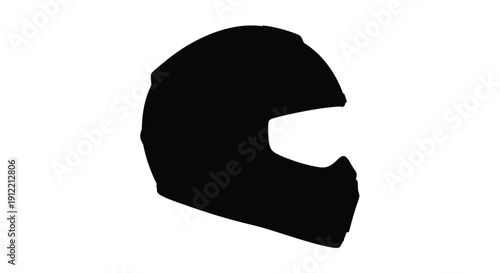 A stark silhouette of a full face motorcycle helmet against a white background
