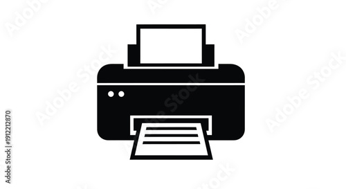 Simple black and white icon of a desktop inkjet printer with paper