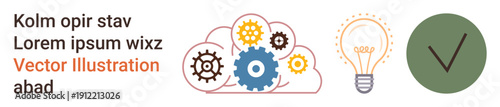 Innovation, cloud computing, problem-solving, teamwork, decision-making, and technology development. Cloud with gears, a light bulb and a check mark icon. Innovation and cloud computing concept