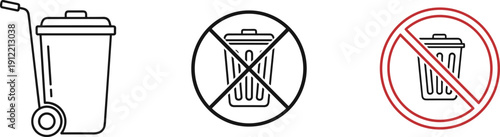 Trash bin and no littering prohibition sign icon collection, waste disposal and environmental warning symbols in outline vector style isolated background