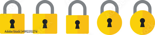Yellow padlock icon set in flat style, secure lock and privacy protection vector symbols isolated on light background