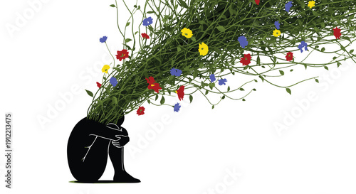 Black silhouette of a person bending under the weight of a massive bouquet of colorful flowers and greenery, viewed from the side, against a plain background.