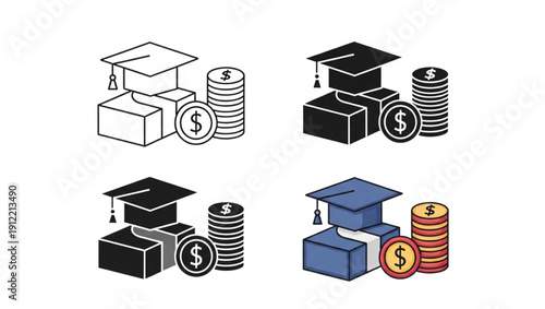 Collection of educational finance icons featuring graduation caps and dollar coins
