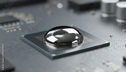 Liquid metal thermal compound droplet on computer CPU die macro