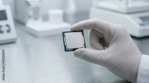 Close-up of a hand in a sterile glove holding a modern blank computer processor in a cleanroom laboratory.