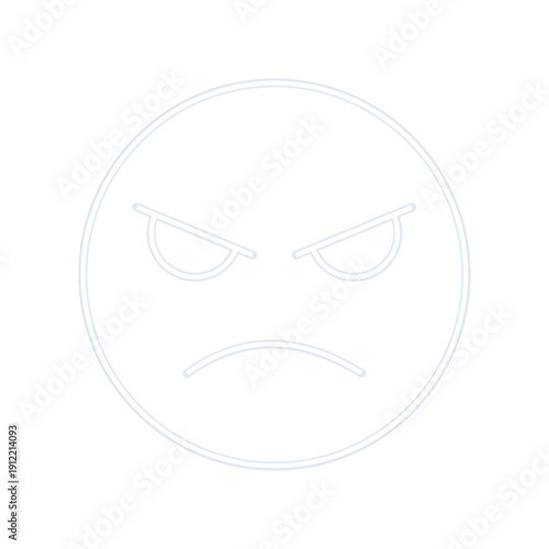 Simple white line art icon depicting an angry or furious emoticon face with furrowed brows and a downturned mouth