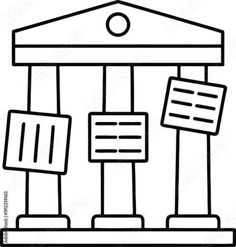 Minimalist Outline Icon of Classical Pillars Structure with Document Placards – Vector Illustration Representing Law, Constitutional Principles, Rules, Governance, and Foundational System Design