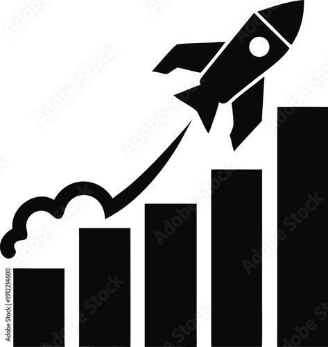 Rocket Launching Over Bar Chart Icon - Vector Illustration of Business Startup Success, Financial Growth, Accelerated Performance, Marketing Strategy, and Project Goal Achievement.