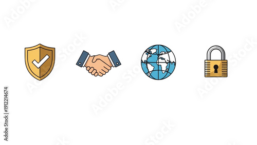 Four icons representing security trust partnership and global protection concepts