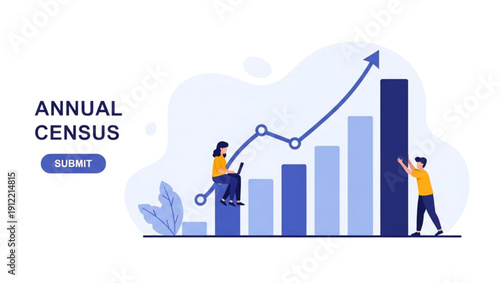 Illustration of annual census data analysis with rising graph and business people working on strategy