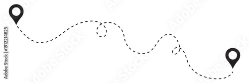 Route icon - two points with dotted path and location pin. Route location icon two pin sign and dotted line. Travel vector icon. Travel from start point and dotted line tracing.