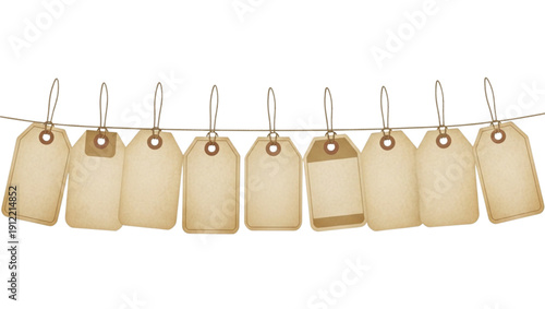 Collection of blank vintage kraft paper price tags hanging on a string isolated on transparent background