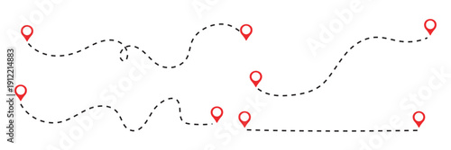 Route icon - two points with dotted path and location pin. Route location icon two pin sign and dotted line. Travel vector icon. Travel from start point and dotted line tracing.