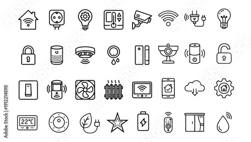 Smart Home IoT Line Icons Set – Minimalist Black Vector Symbols for Automation, Security & UI Design, smart home, IoT, internet of things, line icons, outline icons, minimalist icons, black line art, 