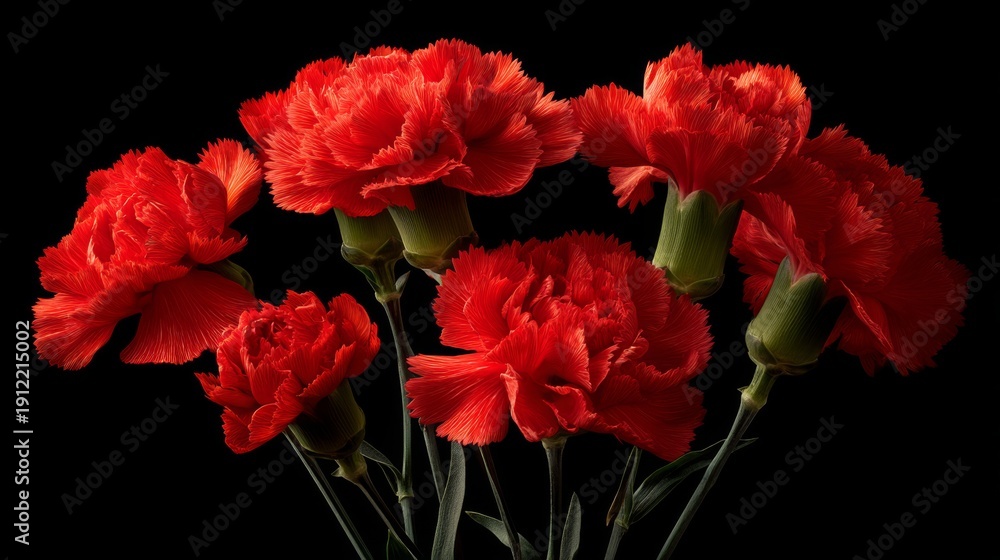 Obraz premium Beautiful close-up of vibrant red carnations arranged artistically against a black background, showcasing their delicate petals and lush green stems