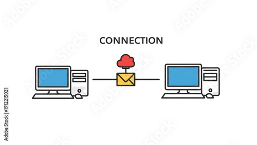 Two computers connected through email cloud network illustration design