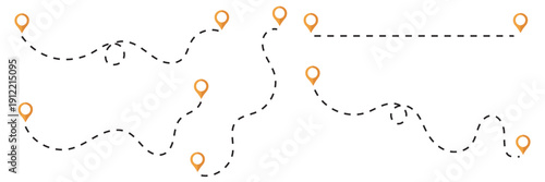 Route icon - two points with dotted path and location pin. Route location icon two pin sign and dotted line. Travel vector icon. Travel from start point and dotted line tracing.