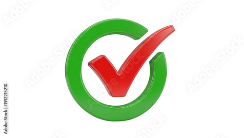 Glossy 3d rendering of a red check mark inside a green circular frame isolated on white background