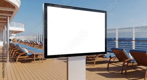Blank digital signage screen mockup template on a cruise ship sundeck, surrounded by wooden lounge chairs overlooking the blue ocean under a sunny sky.