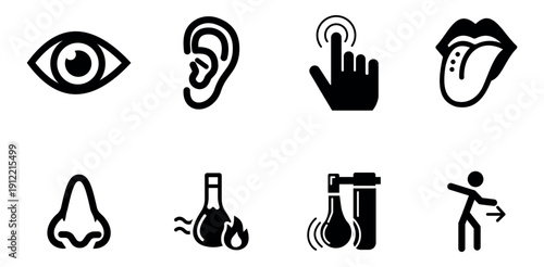 Sight hearing touch taste smell thermal vibration movement icons exploring human sensory perception and body awareness