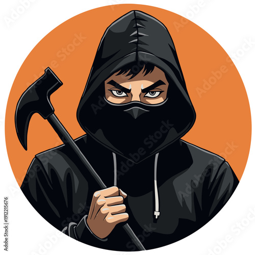 holding pickaxe by masked burglar in black hoodie