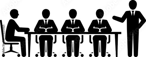 Professional business panel interview silhouette with corporate recruiters sitting at table and speaker for hiring and recruitment process