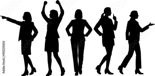 Business women silhouettes set with female professionals in leadership poses success victory and presentation gestures