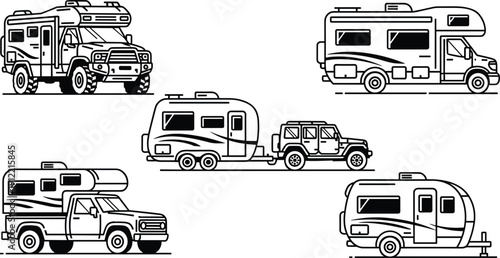 Camper van and RV illustration set, recreational vehicles collection, travel trailer icons, road trip camping transport, black and white line art