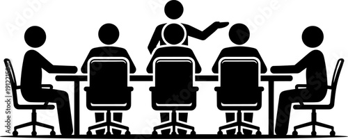 Business meeting silhouette with leader giving presentation to team at boardroom table for corporate training and office seminar