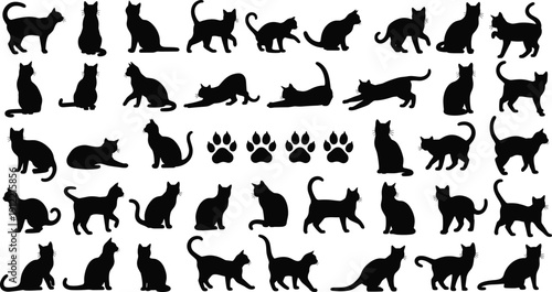 Black cat silhouettes vector illustration, multiple feline poses, decorative paw prints icons, creative pet artwork collection, playful animal design elements