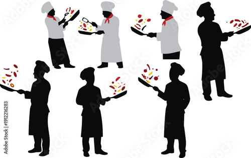 Collection of professional chef silhouettes cooking and tossing food in pans, culinary restaurant kitchen staff vector illustrations for food industry