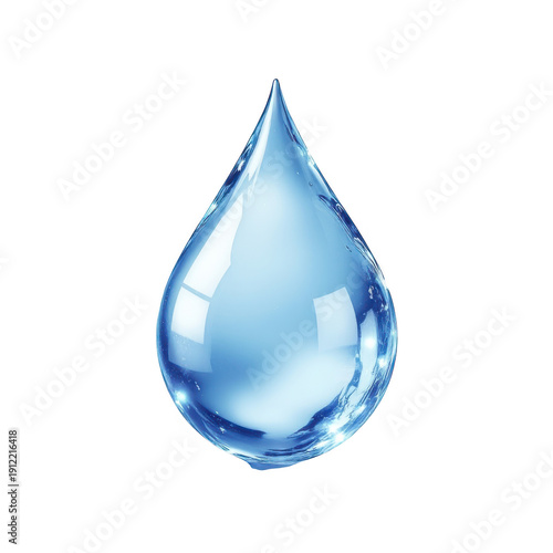 A single droplet of water with a reflective surface and a blue hue. isolated on transparent background