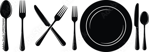 Cutlery and plate silhouette set illustration, fork spoon knife tableware icons isolated on white background for restaurant menu design
