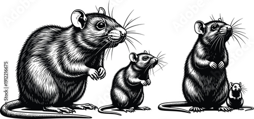 Detailed rat family illustration, realistic rodent engraving style artwork, black and white animal drawing, wildlife biology vintage etching design